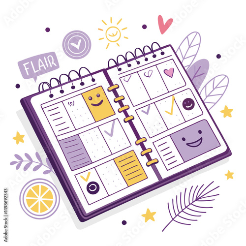 A cheerful, smiling planner overflowing with colorful scribbles, hand-drawn doodles, and fun decorative stickers.