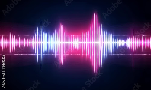 A visually stunning abstract representation of sound waves, featuring vibrant neon light, and a mirrored reflection. The colors graduate from a deep blue to a vibrant pink
