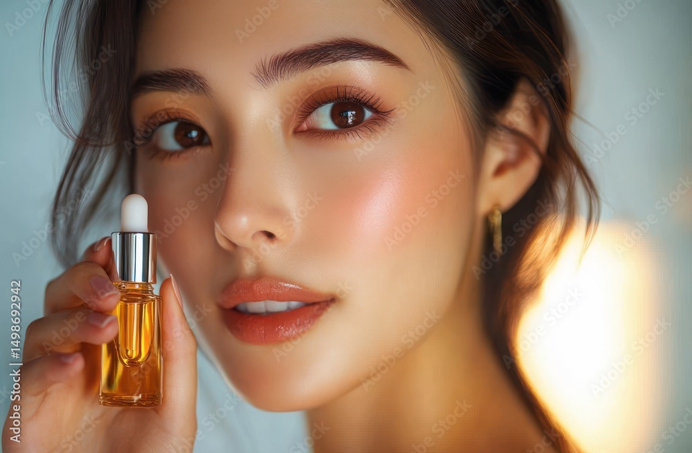 Fototapeta premium Close-up of a young woman with glowing skin holding a small amber glass dropper bottle near her face, showing soft makeup and a calm, confident expression