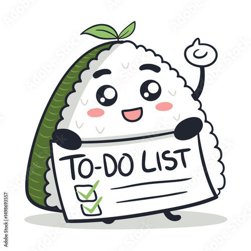 A cute, smiling rice ball, visibly stressed, clutching a to-do list overflowing with tasks.  Its face conveys anxiety despite the smile.
