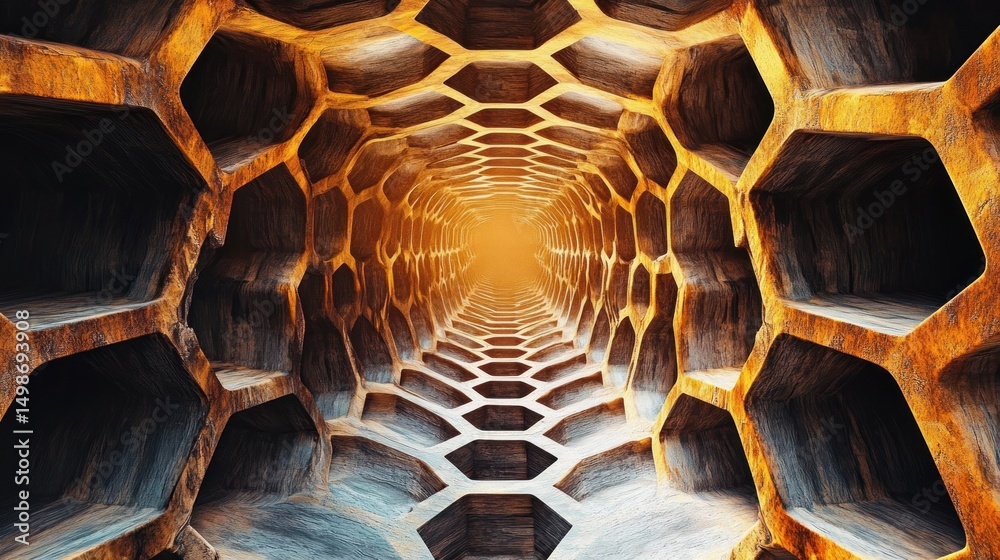 Obraz premium Interior view of a geometric honeycomb-like tunnel with warm lighting creating depth and an abstract, futuristic atmosphere