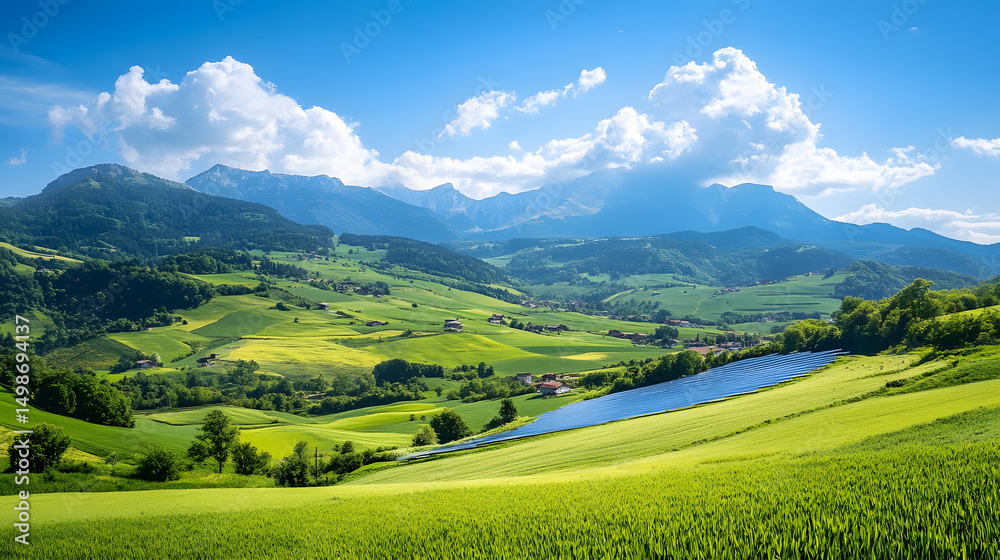 Fototapeta premium A sunny valley with solar panels installed on green fields, illustrating the integration of renewable energy into agricultural landscapes.