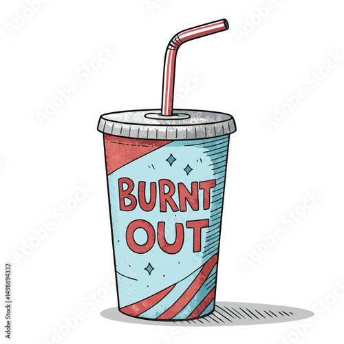 A close-up shot of a discarded soda cup with a bent straw, the words "burnt out" scrawled on it, conveying exhaustion and burnout.