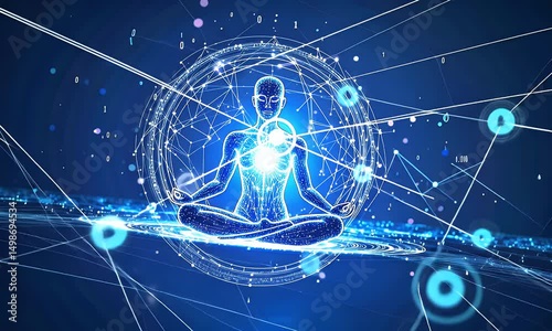 A glowing figure in a meditative pose is encircled by a complex network of lines and nodes, evoking a sense of interconnectedness and inner peace