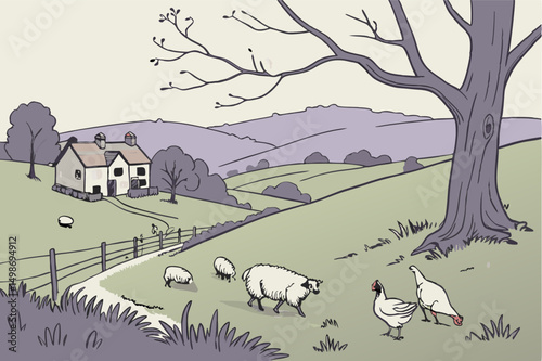 Peaceful countryside landscape with farmhouse, sheep, and chickens