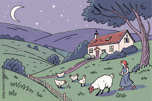 A girl tending sheep and chickens at dusk near a cottage in a tranquil valley