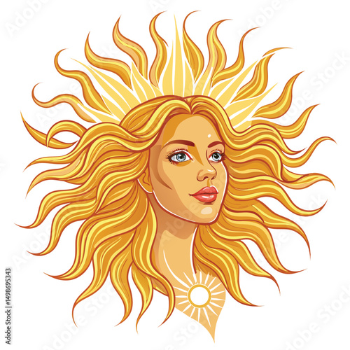 A radiant sun goddess, her flowing hair composed of golden sun rays, shines brightly.  Divine, ethereal beauty.