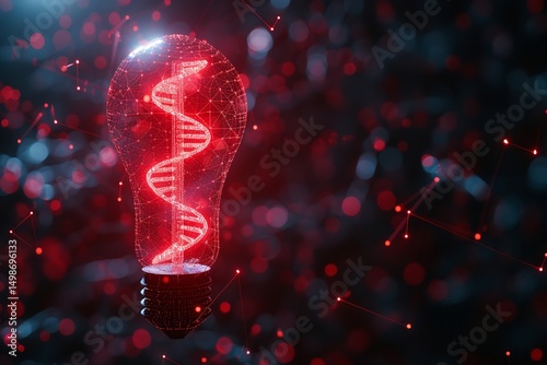 A red glowing DNA in a technological dark backdrop with a big empty space for text, Generative AI.