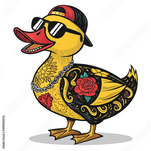 A stylish tattooed mallard duck, sporting a full sleeve tattoo, elegantly wears a shady hat.  Detailed rendering, vibrant colors.