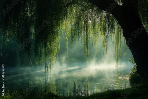 Willow tree branch hangs over water of river or lake in foggy weather in autumn