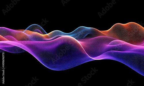A mesmerizing digital artwork features undulating, multicolored lines and dots against a dark backdrop, creating a sense of depth and movement