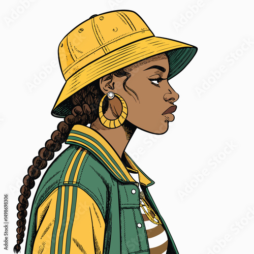 A stylish 90s hip hop woman, wearing oversized gold hoop earrings and a bucket hat, radiating confidence.