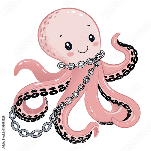 A cute baby octopus with a playful smile, adorned with delicate golden chains wrapped around its tentacles.  High detail, vibrant colors.