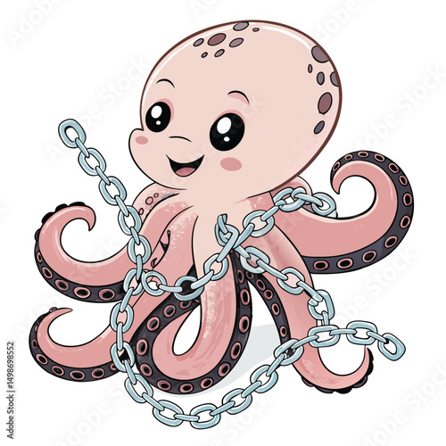 Adorable baby octopus with a playful smile, playfully adorned with tiny, delicate golden chains.  High-resolution, detailed, cute.