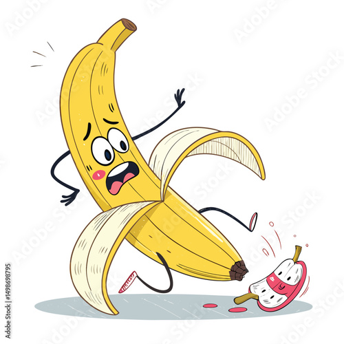 A cheerful yellow banana character, wearing shoes, slips comically on its own peel.  The peel is bright yellow.
