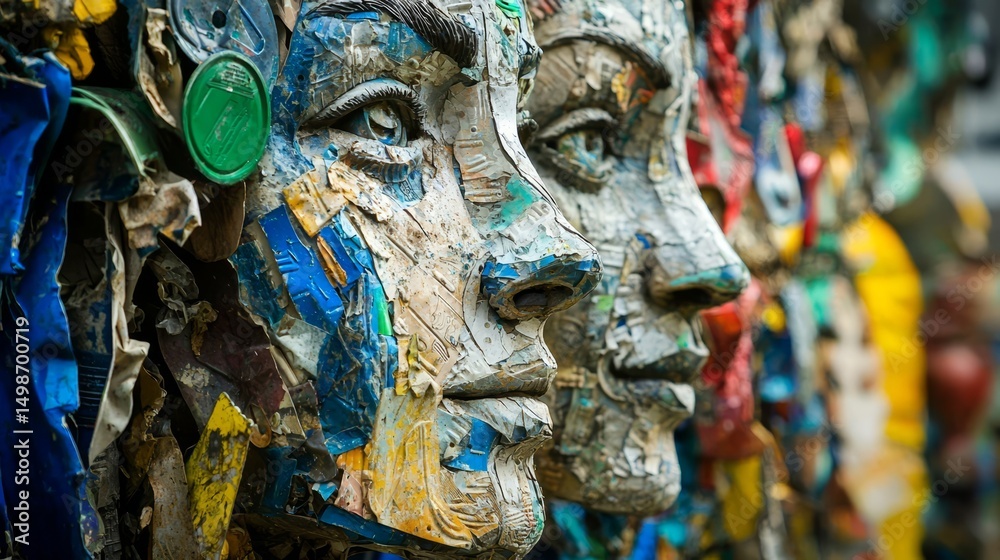 Fototapeta premium Sculpted faces highlight innovative recycling techniques.