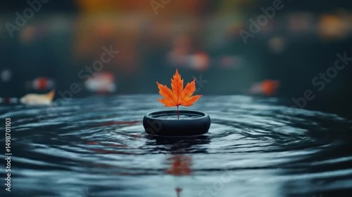 A single maple leaf falling into the water, creating ripples that spread out like magic. The background is dark blue and gray, with blurred leaves in the distance