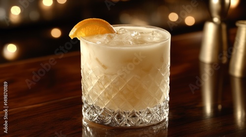A creamy cocktail with an orange slice garnish in an elegant faceted glass on a wooden bar counter with blurred lights in the background
