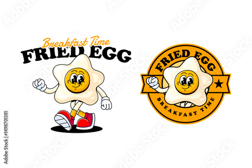fried egg retro cartoon character mascot illustration with walking pose and showing funny expression for restaurant, food court, cafes, eatery, cafeteria mascots and merchandise