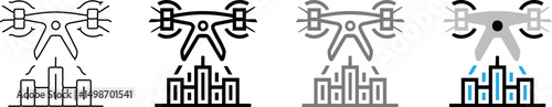 Drone with Smart City Vector Icons – Delivery and Surveillance Drone Symbol Set