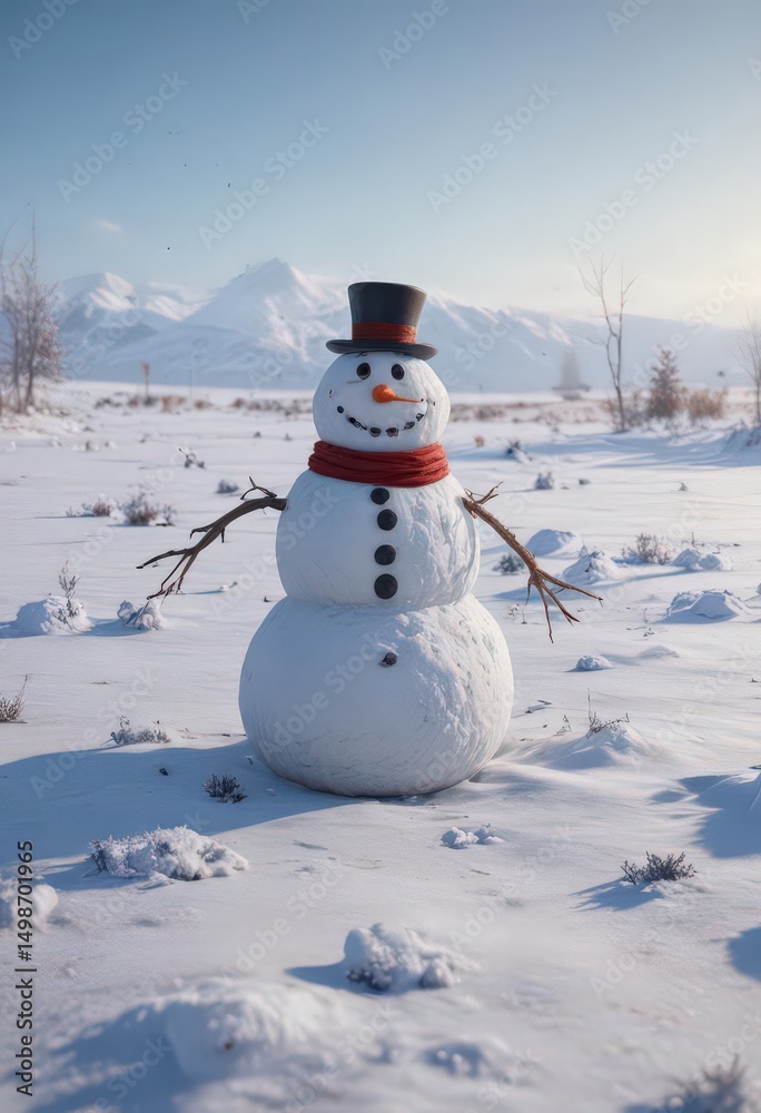 Fototapeta premium Frosty snowman, empty field, winter gear scattered , winter scene, blue