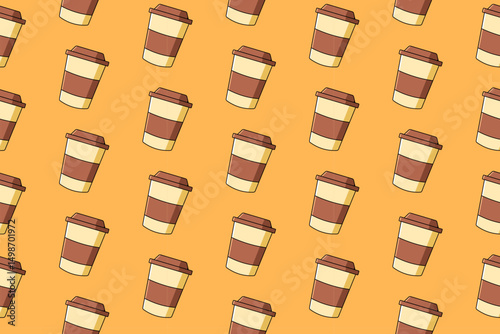 coffee cup colorful pattern on yellow background. paper cups doodle seamless pattern background. coffee take away cup seamless pattern for coffee shop, restaurant, cafeteria, cafes merchandise