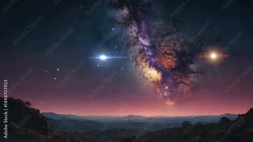 Magical starry sky with vivid galactic core and silhouette of a lone tree against a glowing dusk horizon. Magical starry sky with vivid galactic core and silhouette of a lone tree against a glowing dusk horizon.