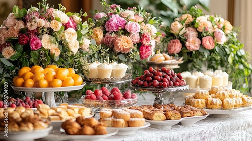 A dessert table with pastries fruits and floral arrangements behind