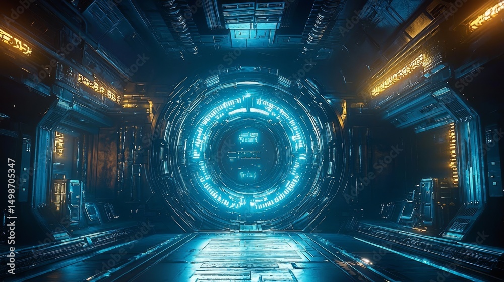 Obraz premium Exploring a high-tech vault door in a sci-fi spacecraft.