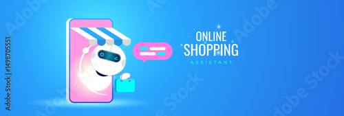 Online Shopping Assistant chatbot emerges from mobile phone with a shopping bag, representing AI-based e-commerce support and virtual customer service on digital platforms.