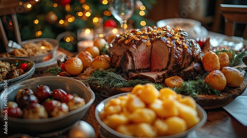Festive christmas dinner table with roast beef and side dishes