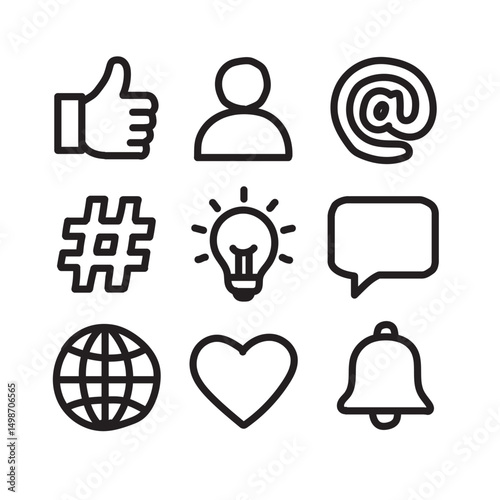 Collection of social media icons, black color on white background. Vector illustration.