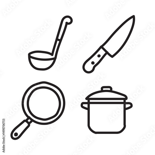 Collection of cooking utensils icons, black color on white background. Vector illustration.