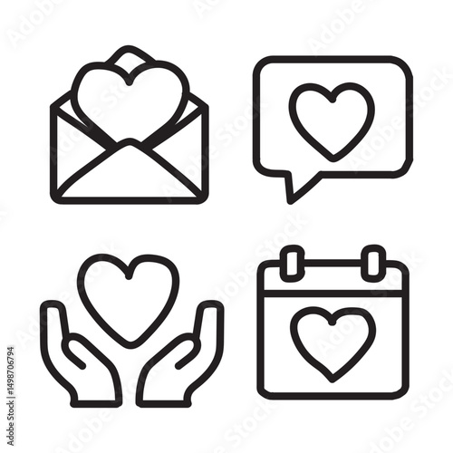 Love icon set, black color on white background. Vector illustration.