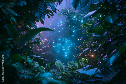 Mystical bioluminescent jungle glowing with teal and purple light beneath a starlit forest canopy.
