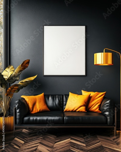 Black leather sofa with orange pillows in a dark room, gold lamp and plant, blank canvas on the wall, dark hardwood floor. Modern interior design. 