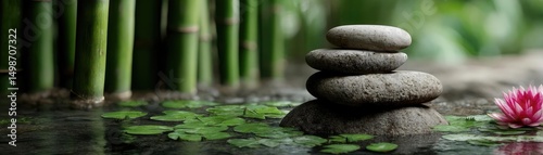 Bamboo forest for peaceful meditation and harmony concept. Serene stones and lotus in a tranquil water setting.