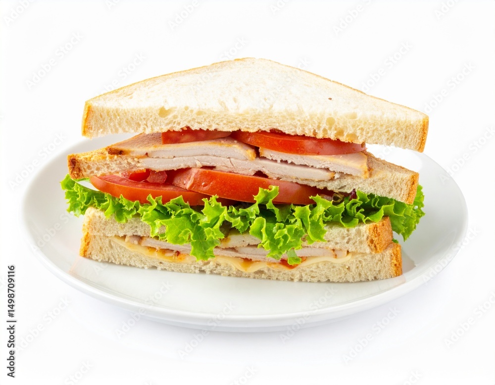 Turkey club sandwich on plate isolated on white background with clipping path for lunch or cafe concept Turkey club sandwich on plate isolated on white background with clipping path for lunch or cafe concept