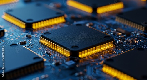 Detailed View of Modern Computer Chip Set on a Blue Circuit Board Technology Highlighting Electronic Components and Integrated System