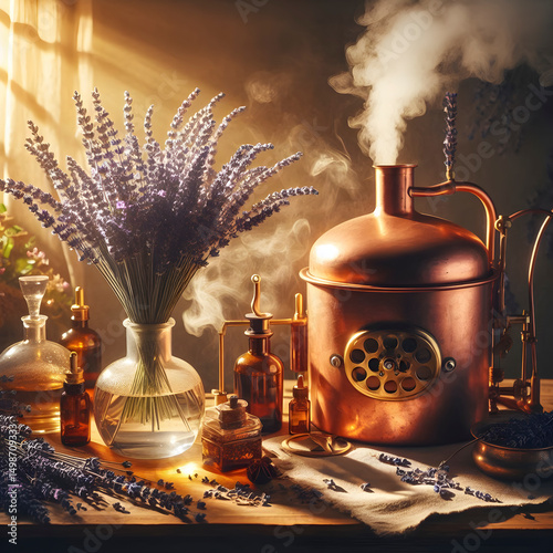 Copper distiller extracting essential oils from lavender sprigs, Ai created image