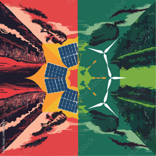 A split image with a powerful environmental message. The left side, shaded in red, shows a polluted industrial landscape with factories emitting smoke, dark skies, and barren land. In contrast, the ri