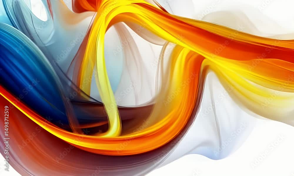 Abstract artwork featuring vibrant, flowing strokes of orange, yellow, and grey, creating a dynamic and energetic composition against a white backdrop