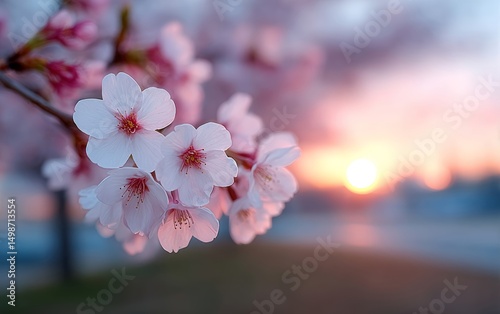 A bunch of pink flowers on a tree branch with the sun setting in the background