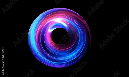Abstract circular swirl of vibrant blue and pink hues against a stark black backdrop