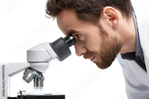 Young caucasian male scientist observing through microscope in laboratory, cut out