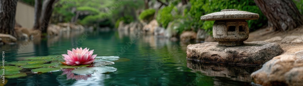 Fototapeta premium Tranquil atmosphere for serenity with peaceful pond view concept. A serene garden scene featuring a water lily and stone lantern.