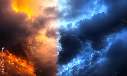 Abstract composition of fiery orange and cool blue clouds, merging together. Artistic illustration depicting contrasting elements. Divided sky, vibrant color