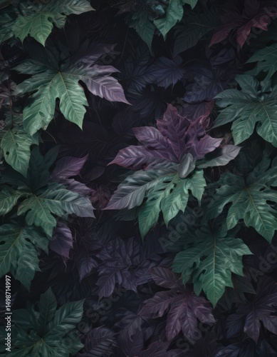 Mysterious, lush leaf pattern; deep green and purple hues, dramatic shadows , leaves, nature, luxury