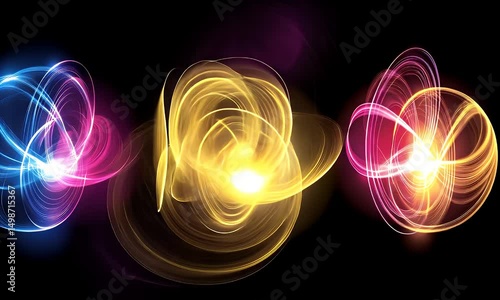 Abstract composition showcasing luminous energy forms in vibrant hues of blue, pink, and gold against a dark background. The swirling light forms a captivating display