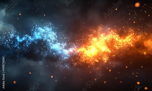 Abstract depiction of clashing elements; fiery orange and cool blue energies collide amidst dark, smoky clouds